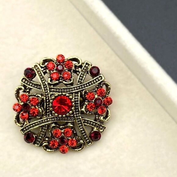 Yellow Gold with Ruby Red and Garnet Red Crystal Flower Pin Back Brooch - Picture 4 of 7